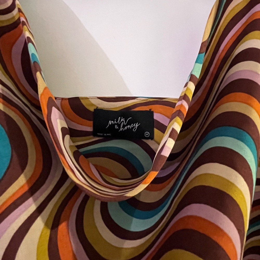 Retro 70s Swirl Satin Cowl Neck Cami – Multicolor Psychedelic Tank Top - Picture 3 of 6